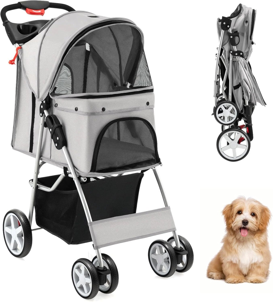 Passeggino per Cani e Gatti Pieghevole Fino 15 kg, Carrello per Animali Domestici, Trasportino Carrozzina Portatile da Viaggio e Passeggio con Tettuccio per Cuccioli, 87 x 46 x 102 cm (Beige)