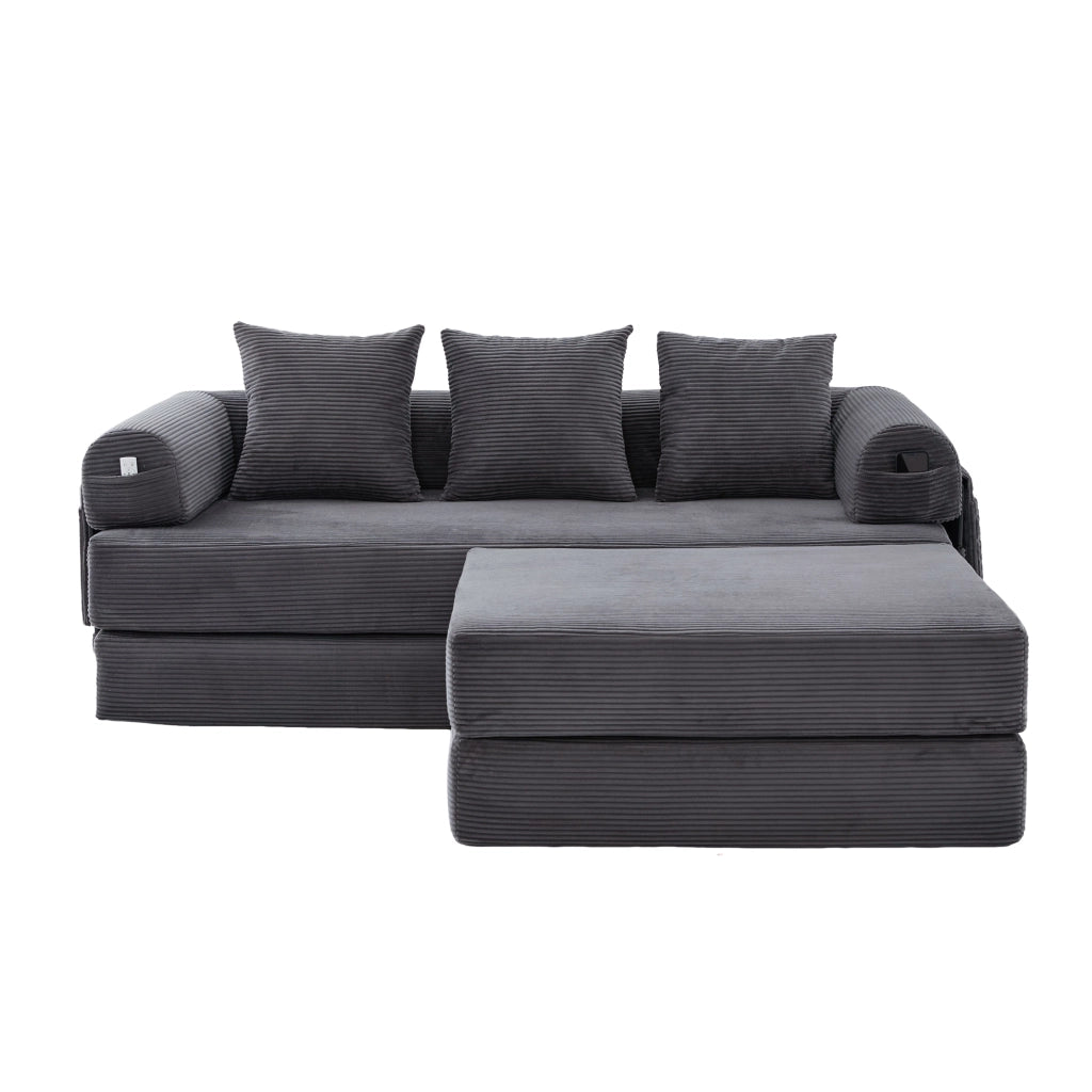 Divano modulare in velluto a coste con tasca laterale e 3 cuscini, struttura in metallo, grigio scuro, design moderno