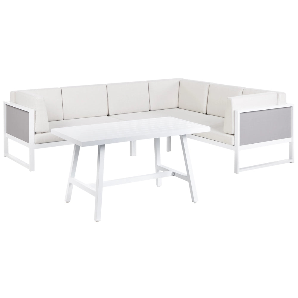 Set da salotto da giardino con tavolino bianco in alluminio bianco sporco con cuscini e tavolino stile moderno esterno