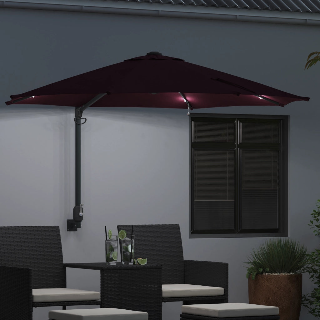 Ombrellone da Giardino Montato a Parete con LED Rosso Bordeaux 248 cm