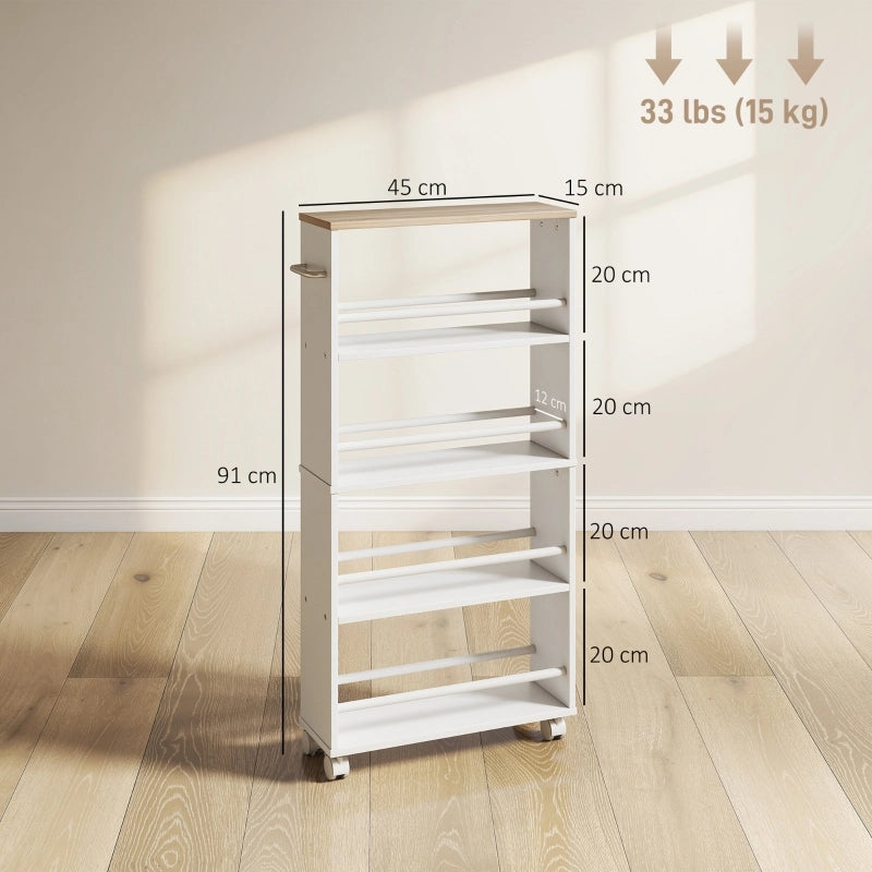 Scaffale multifunzionale con rotelle, design stretto, 4 scomparti, 45x15x91 cm, naturale