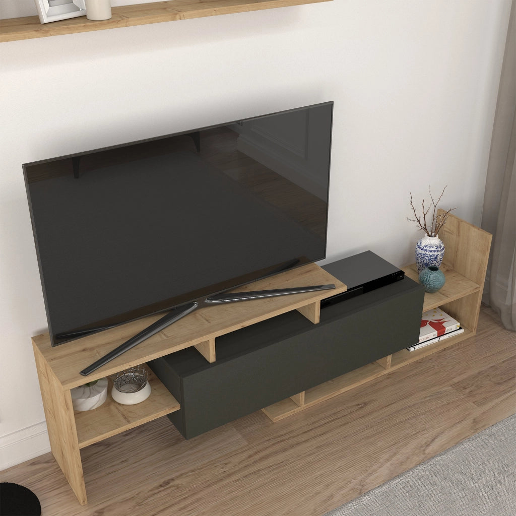 Set Liksefte di Mobile Porta TV e Mensola da Parete - Effetto Rovere Zaffiro / Nero [en.casa]