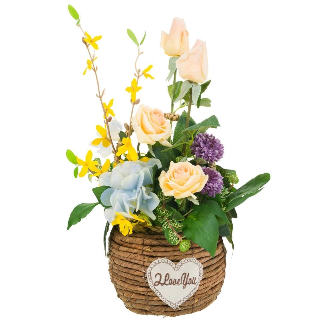 Cesto in corda con bouquet di fiori 24x23x48h