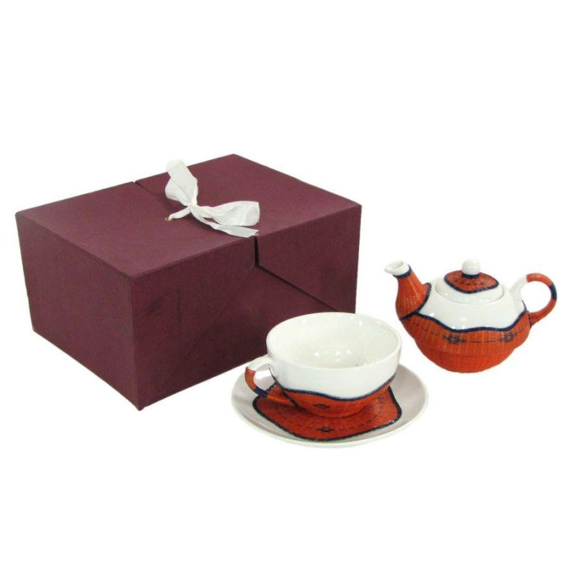 Teiera con tazza decoro bambù arancionetazza e teiera