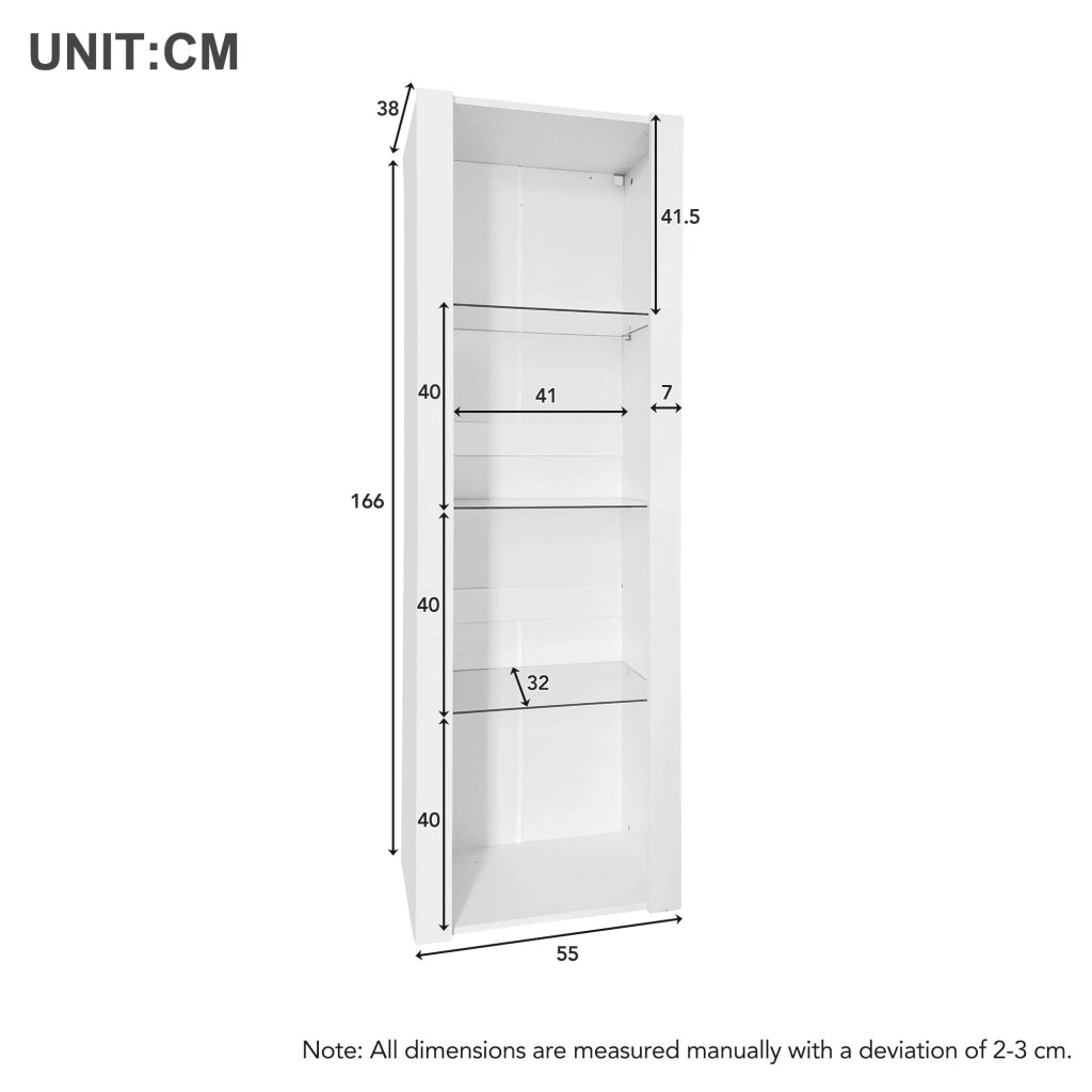Vetrina con 3 ripiani in vetro e illuminazione LED APP - per soggiorno - in truciolare - 55x38x166 cm - bianco