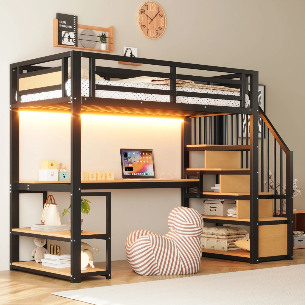 Letto a soppalco 90 × 200 cm con scrivania, ripiani, scala contenitore et barriera di sicurezza, senza materasso, in metallo, nero