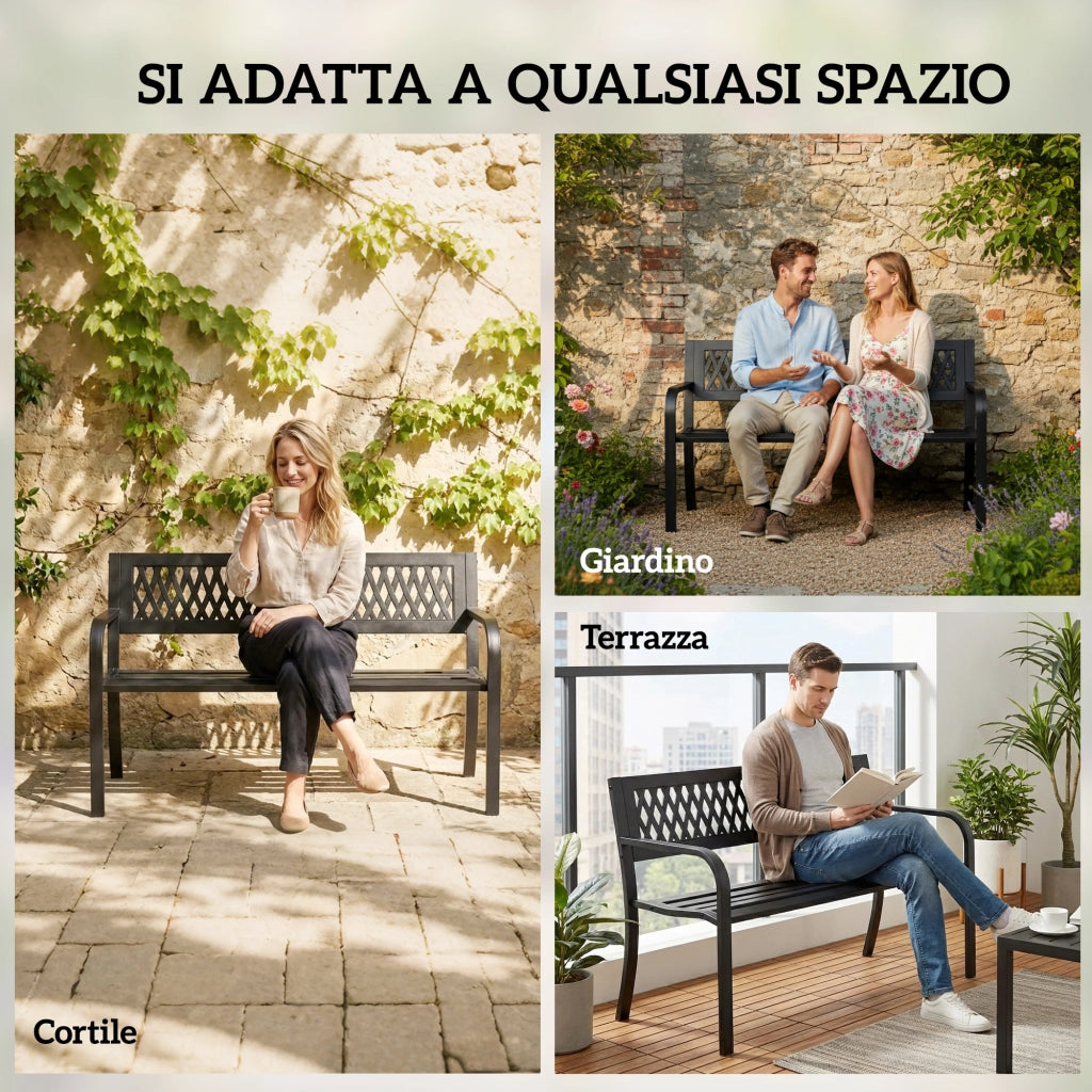 Panchina da Esterno 2 Posti 119x50x75 cm Telaio in Acciaio e Schienale in Plastica Nero