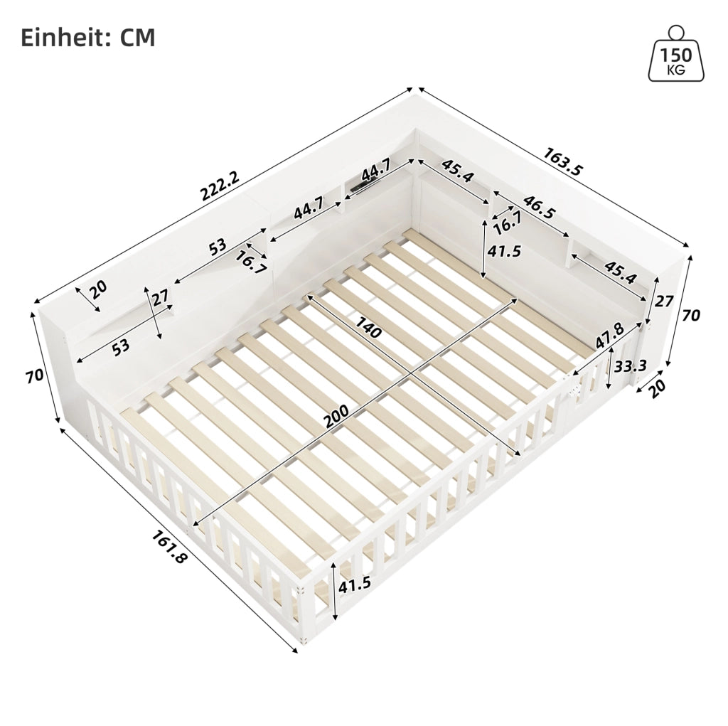 Tagesbett 140x200 cm con prese e USB; vano contenitore laterale; pannello truciolare e MDF bianco