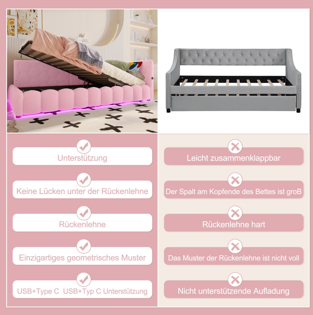 Letto daybed 90x200 cm rosa con LED, USB-C e contenitore