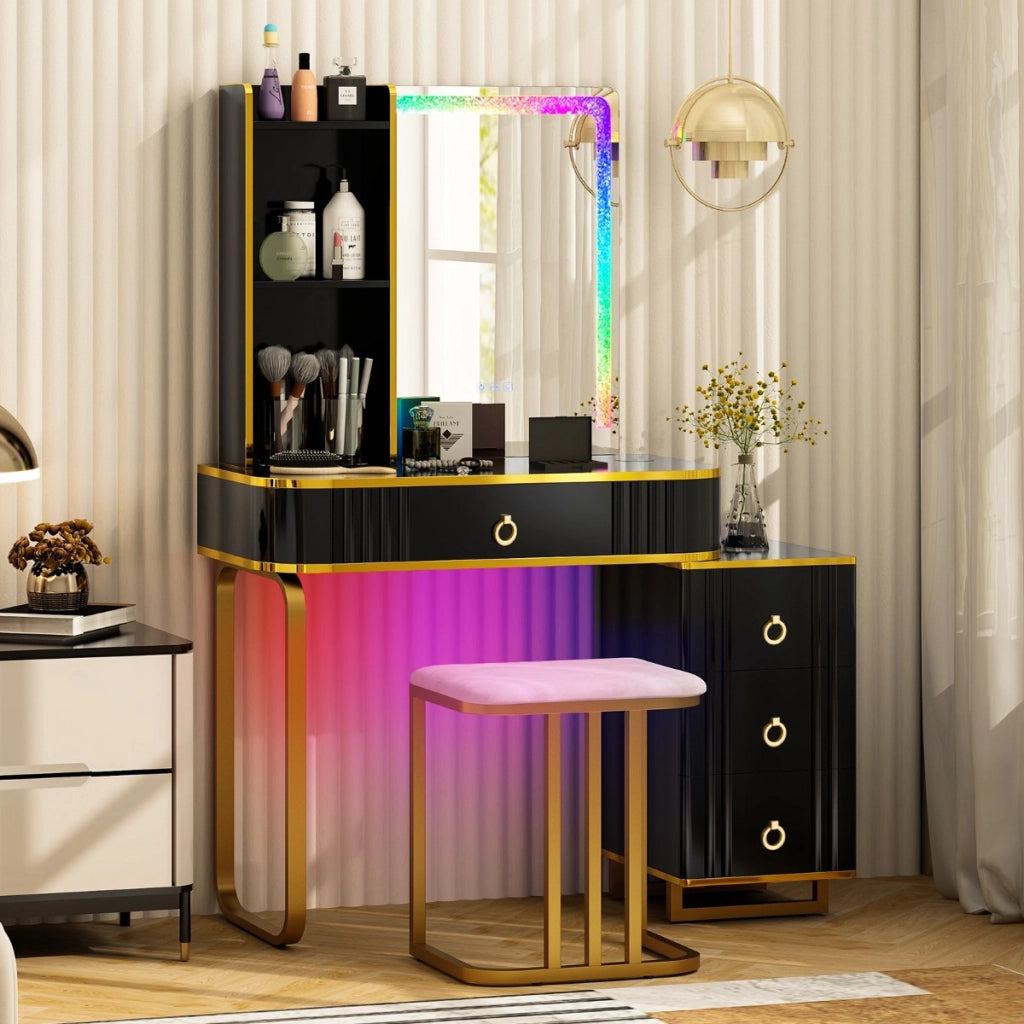 Toeletta da trucco RGB con specchio 7 luci LED dinamiche porte USB type-c e 4 cassetti, Tavolo da trucco Nero-Tavoli da trucco