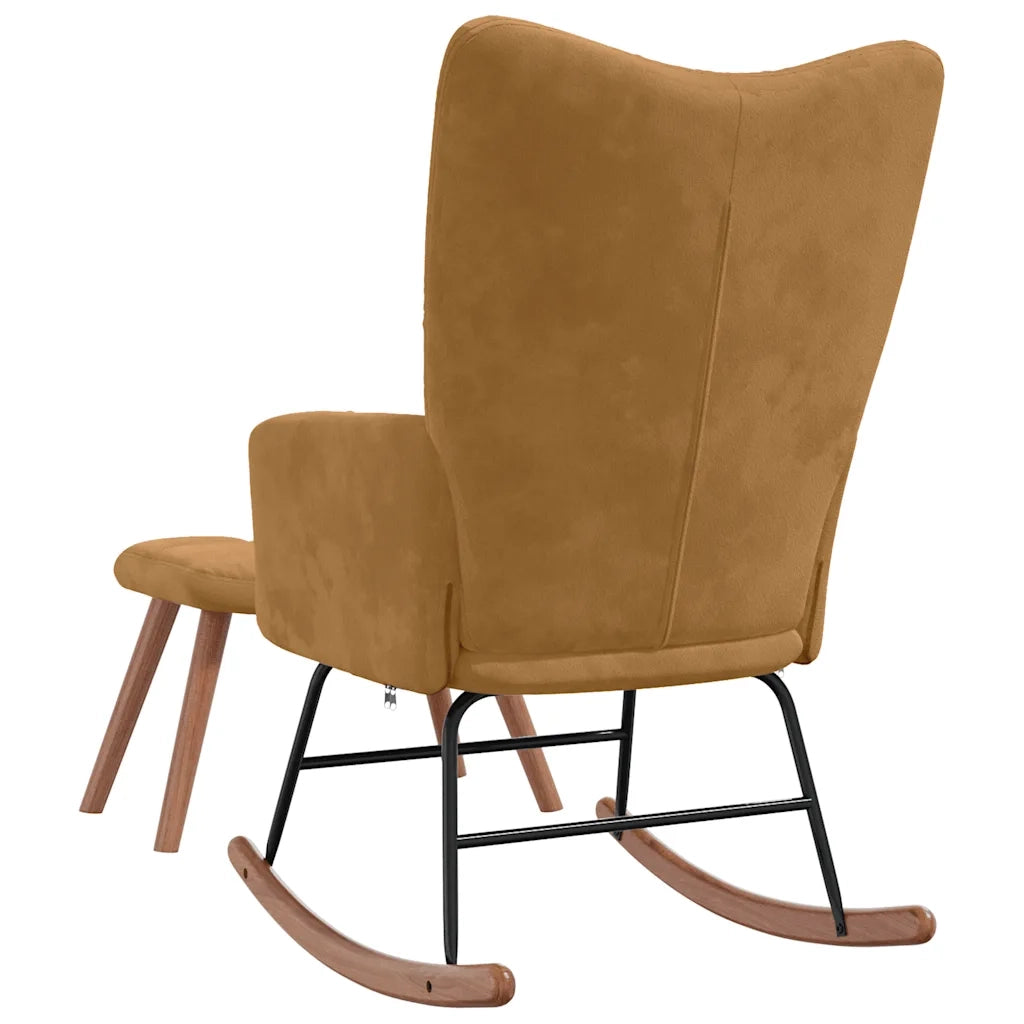 Sedia a dondolo con sgabello in velluto marrone 328158