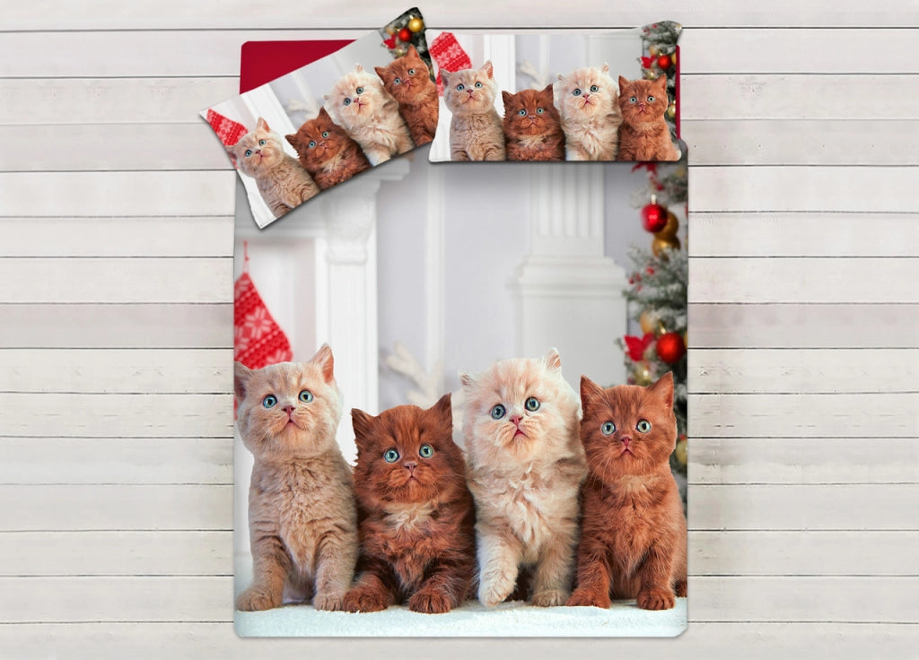 Parure Copripiumino Sacco Piumino Letto 100% Cotone Sogni D'oro Disegno Gatti Natale Dis. 69 - Singolo - Gatti Natale