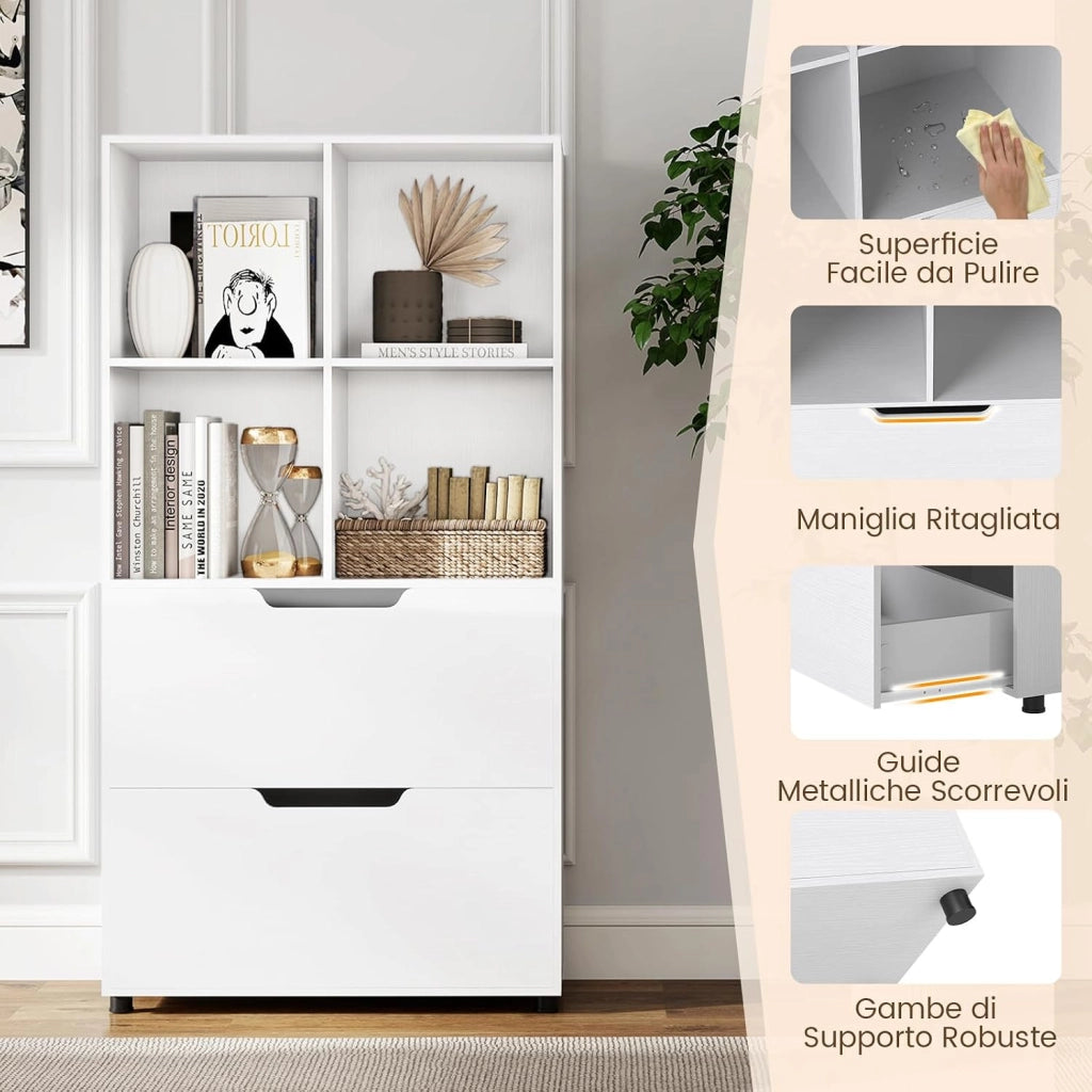 Libreria a 4 Cubi con 2 Cassetti, Scaffale Alto a 5 Ripiani da 130 cm, Libreria Moderna a Cubi Aperti, Organizer in Legno per Soggiorno, Studio, Ufficio Domestico (Bianco)