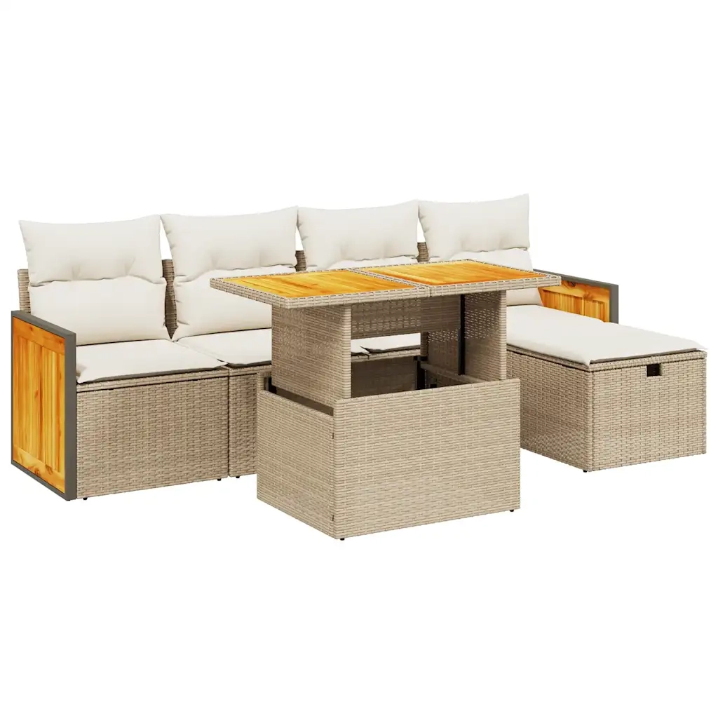 Set Divano da Giardino 6 pz con Cuscini Beige in Polyrattan