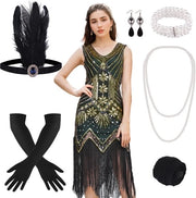 Costume da sera anni '20 con frange e pailletten - Abito da Gatsby - Moda donna - Diversi taglie - Inclusi accessori