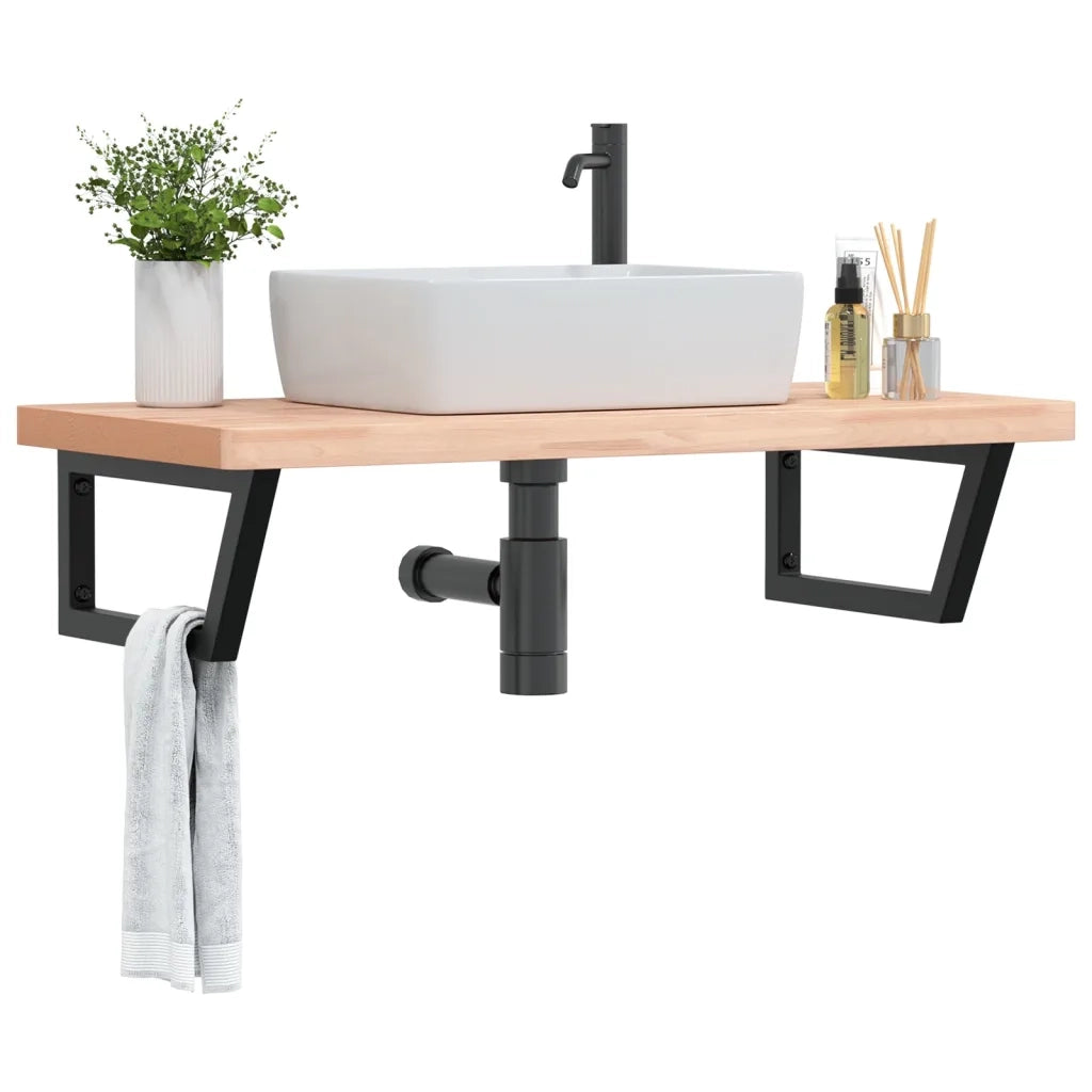 Ripiano a Parete per Lavabo-Mensole a Muro in Acciaio e Massello di Faggio 963616