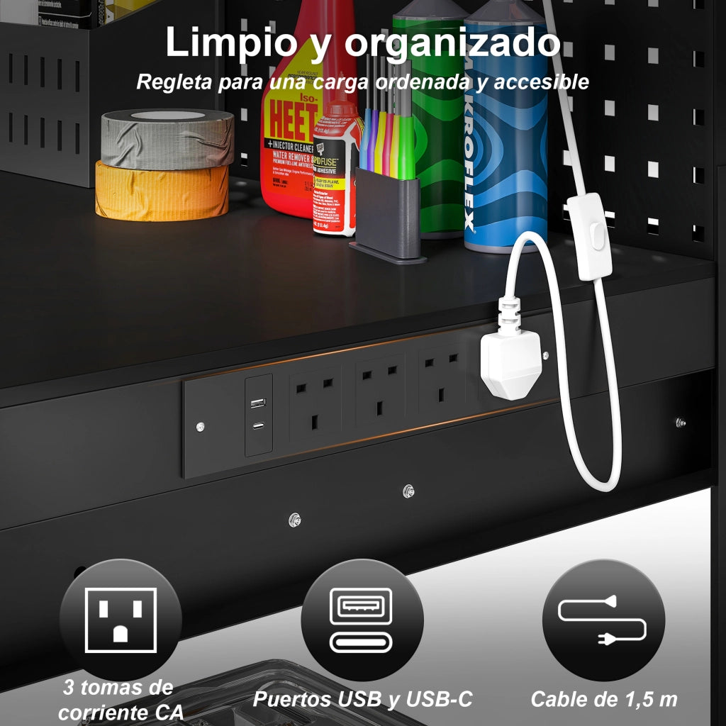 Banco da Lavoro con Cassetti, Luce LED e Presa Elettrica ¨C Zephmum ¨C Nero 110x60x150 cm