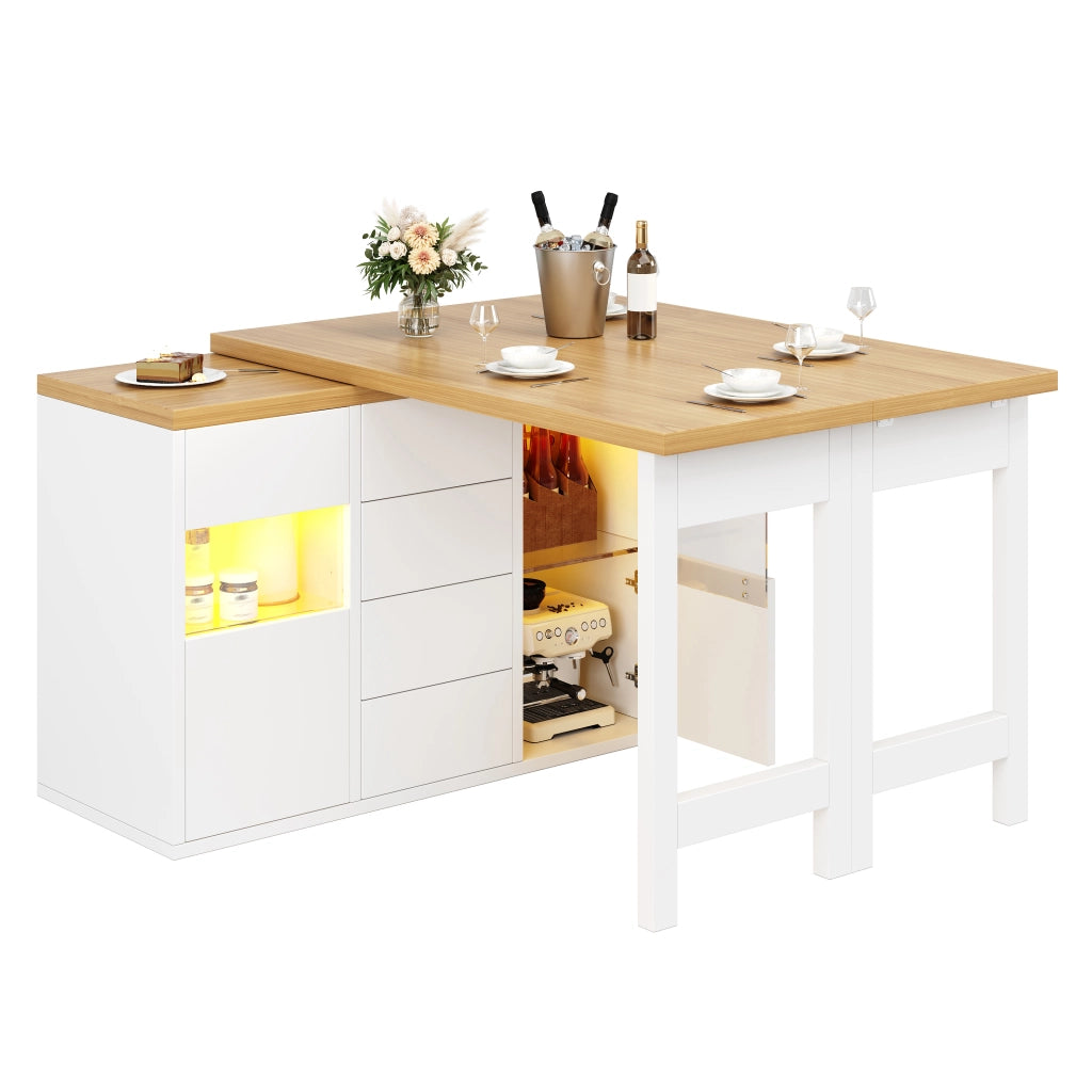 Isola cucina girevole 120-197 cm con LED RGB, 4 cassetti e ante in vetro, bianco
