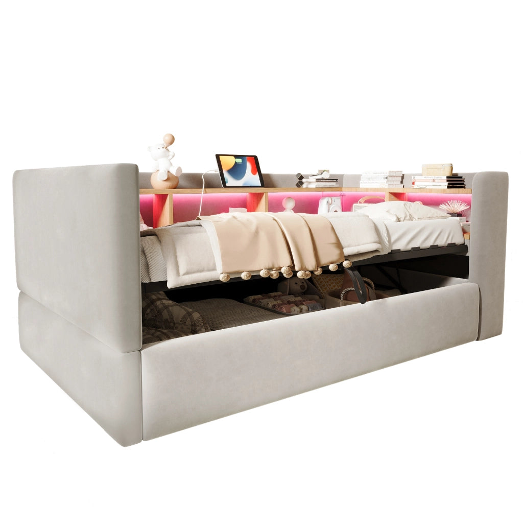 Divano letto imbottito 90 x 190 cm grigio chiaro con LED, prese e vano contenitore