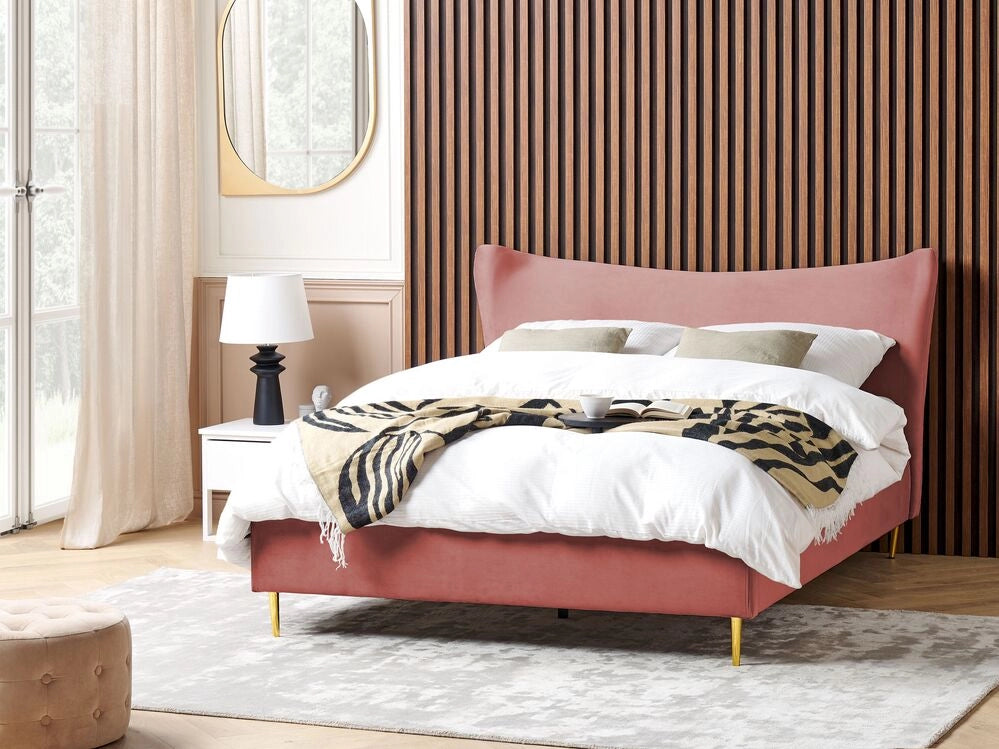 Letto in velluto rosa con struttura 160 x 200 cm gambe imbottite oro testiera stile glamour moderno