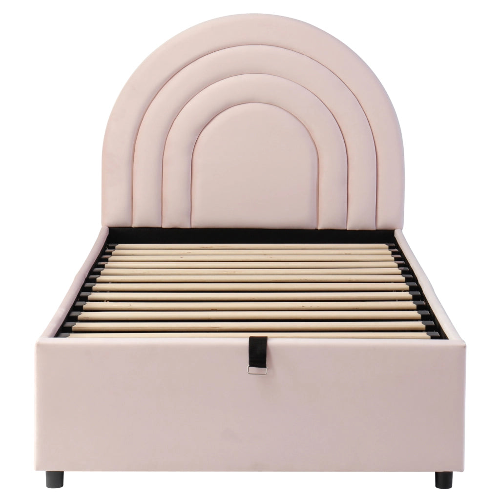 Letto per bambini imbottito 90x200cm con testiera e listelli di legno rosa
