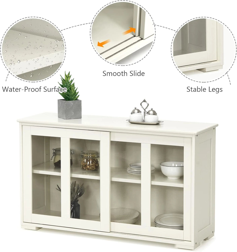 Credenza e Buffet Multiuso, a 3 Ripiani, Mensola Regolabile, 2 Ante Scorrevoli Trasparenti, Mobiletto Legno per Cucina, Soggiorno, Sala da Pranzo, 106,5x33x62,5 cm,Bianco Crema(Beige)