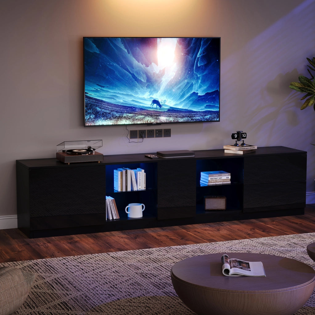 Mobile TV con LED; 2 cassetti e vano chiuso; MDF; vetro temperato; 160 x 40 x 52 cm; nero