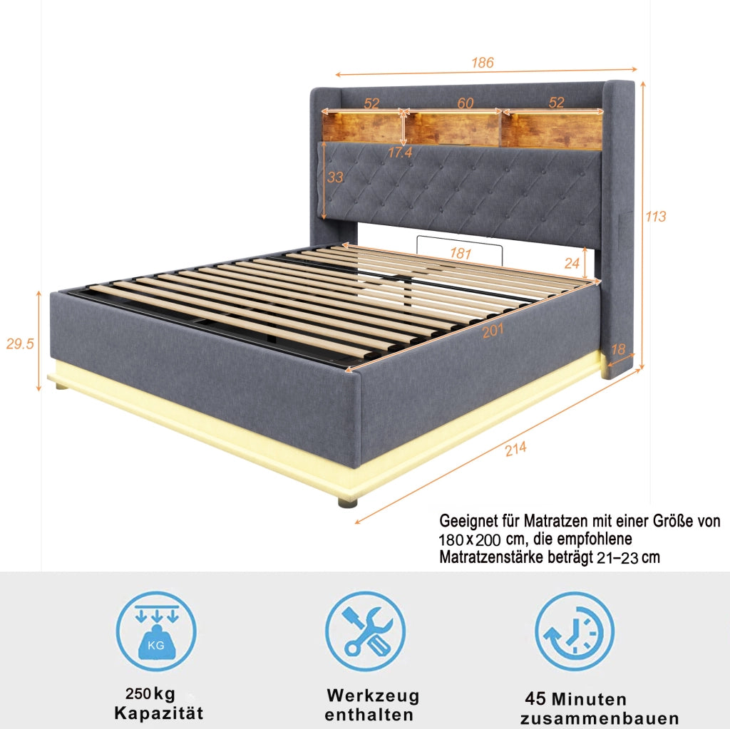 Letto imbottito 180x200 cm con LED multicolore e USB; lino; grigio