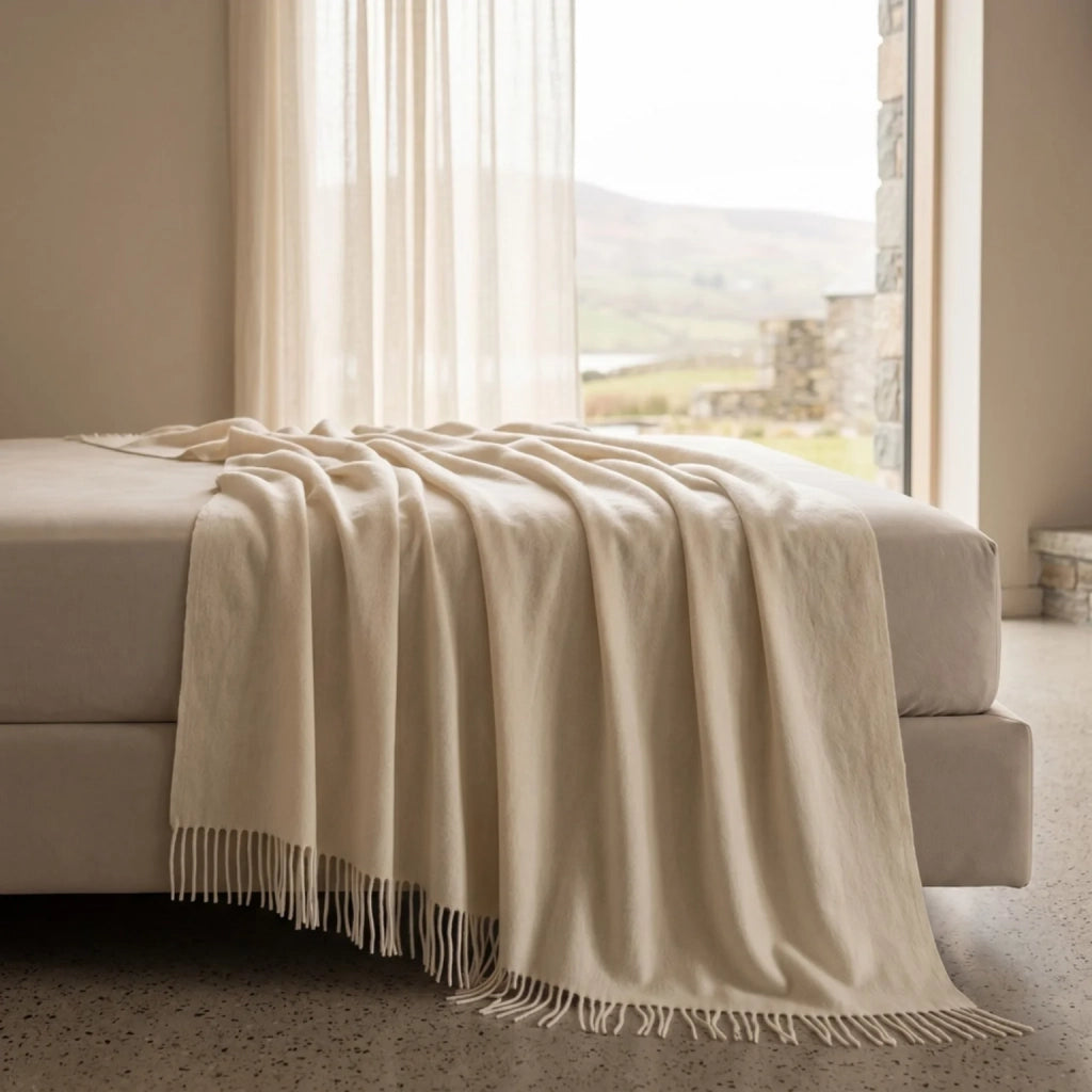 Plaid Living 130x170 cm in Cotone Blend | Coperta Leggera 250 gr/mq per Divano e Letto | Design Elegante e Tessuto Morbido | Avorio