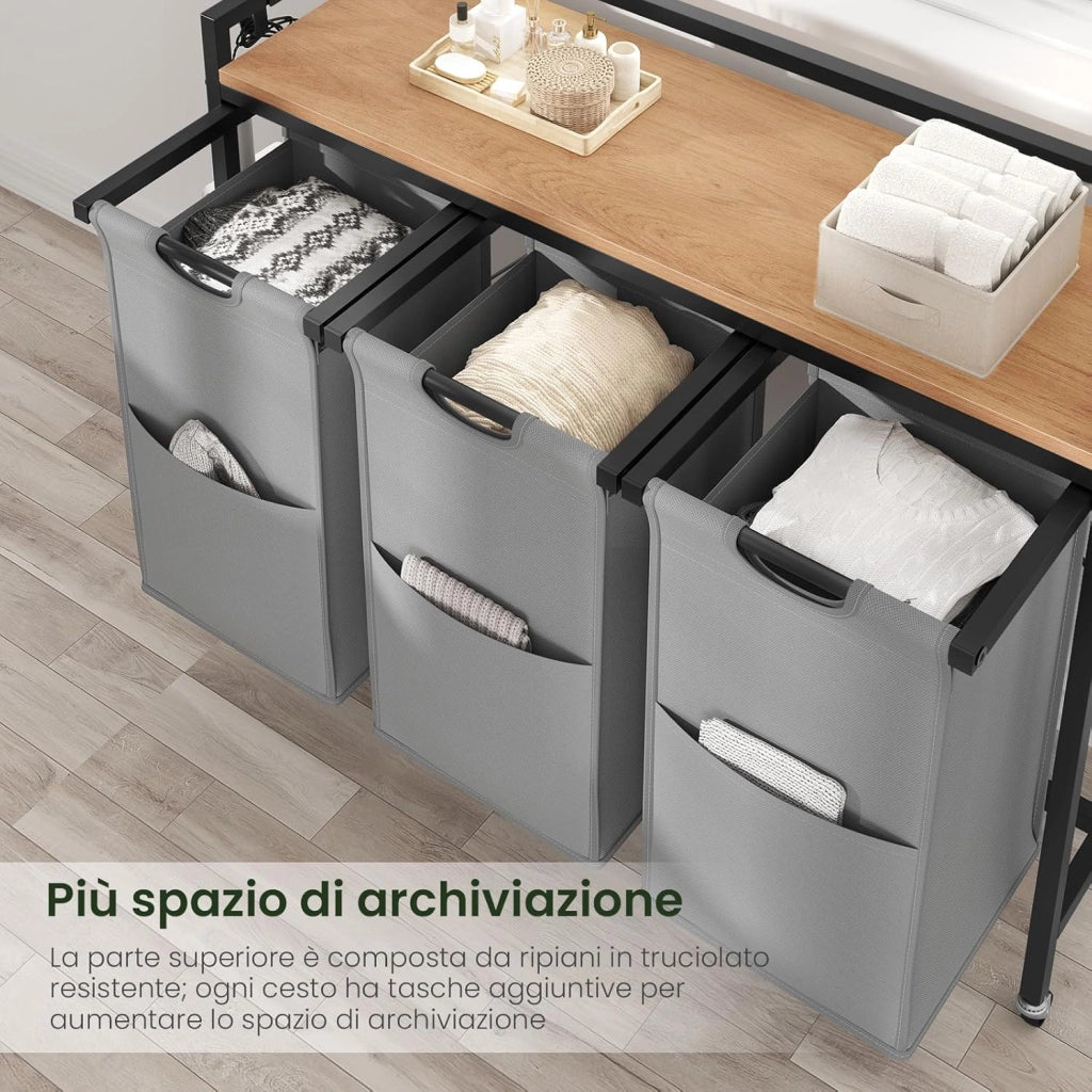 Cesto Portabiancheria, 3 Sacchi in Tessuto Oxford Rimovibili, Porta Biancheria, Struttura in Metallo, per Bagno e Lavanderia, 96x30x71cm, Capacità 40L per Cesto
