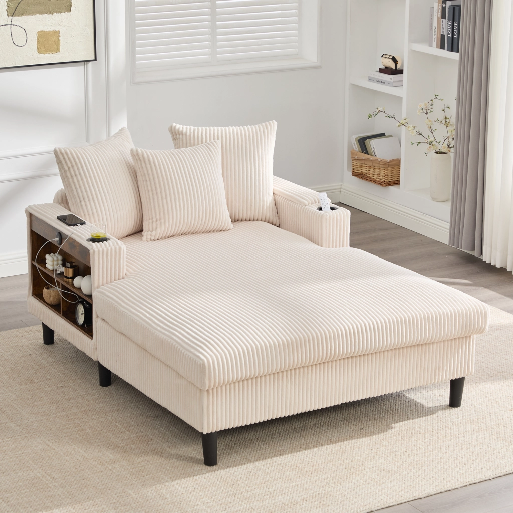 Chaise Longue con LED USB Vano Contenitore Tasca Laterale e Doppio Portabicchieri in Velluto a Coste Beige