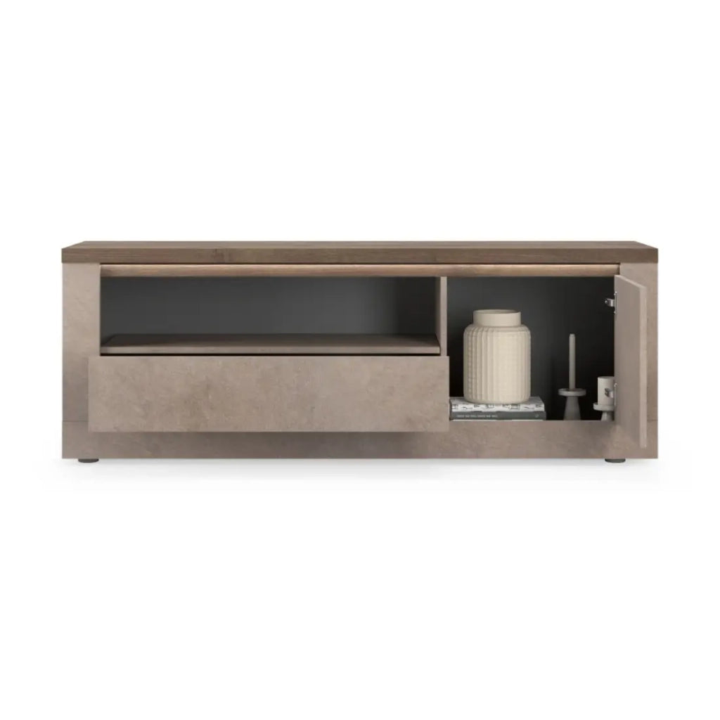 Mobile TV SASHA – 1 porta, 1 cassetto e 1 vano con LED – Bronzo e piano in legno Mercurio
