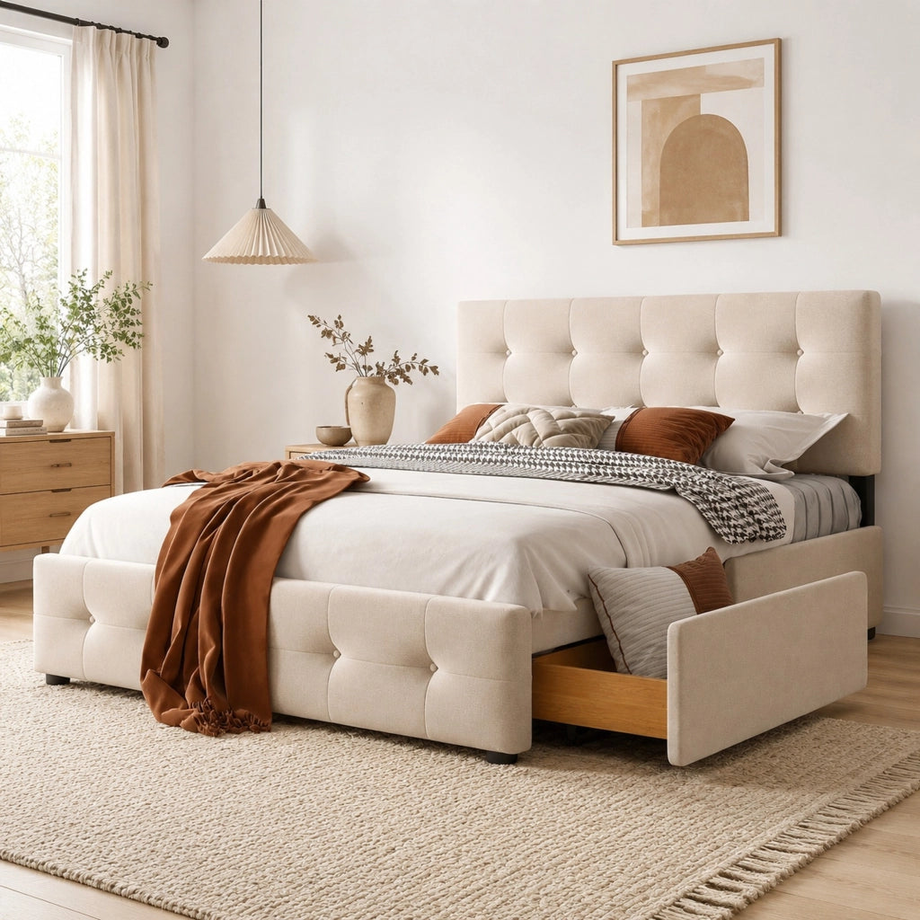 Letto imbottito con 4 cassetti e struttura robusta