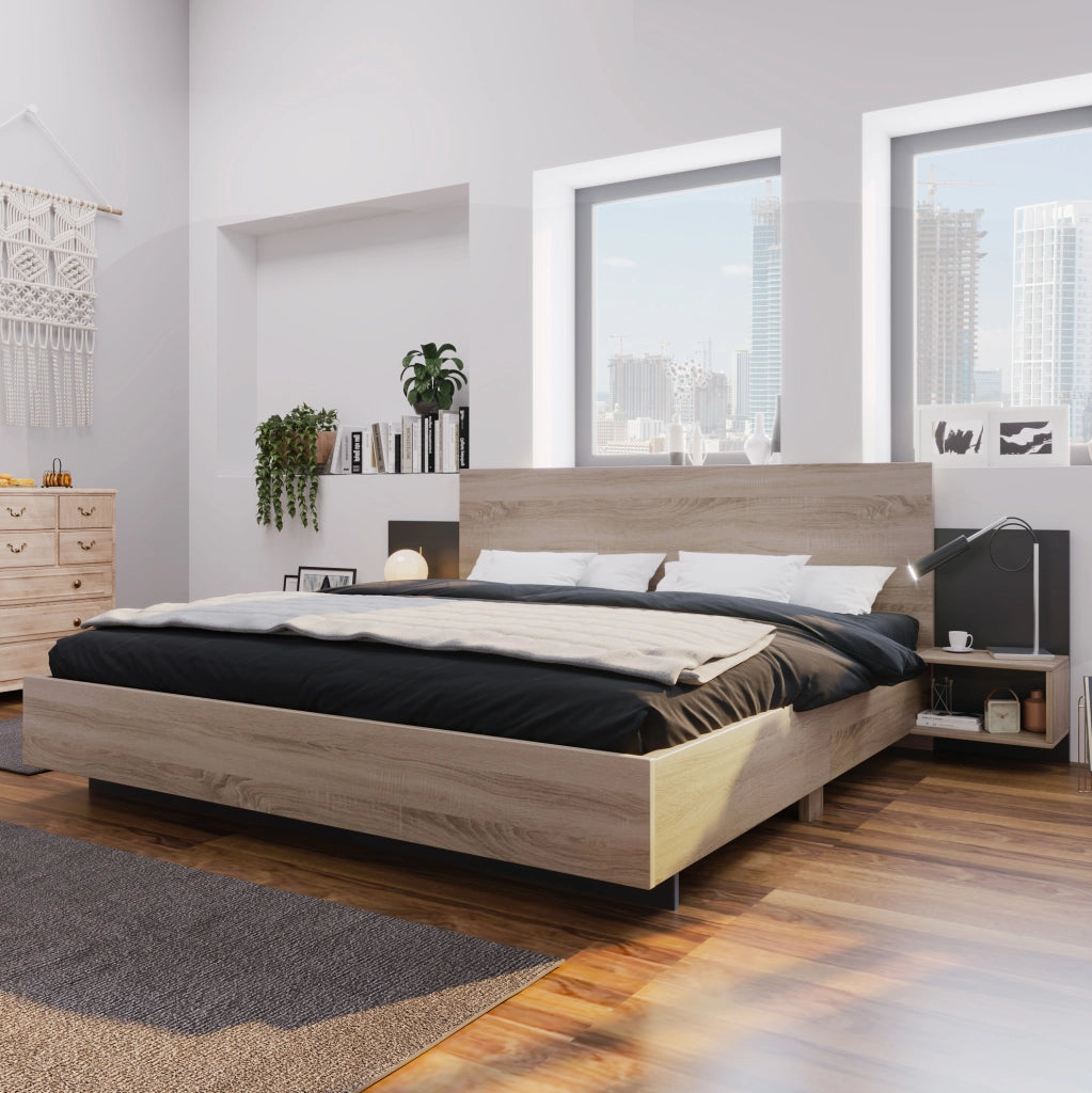 Letto matrimoniale 160x200 cm in legno massiccio con 2 comodini integrati; sonoma e grigio scuro