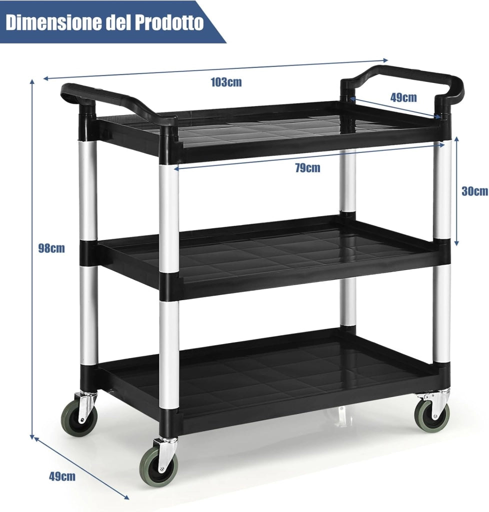 Carrello di Servizio a 3 Ripiani, Carrello Multiuso con Maniglie Ampio Spazio e Ruote Flessibili con Freni, Adatto a Ufficio Ristorante Casa Officina, 103x49x98 cm