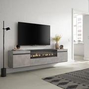 Mobile TV, 200x35x45cm, soggiorno, Per TV fino a 80", Camino elettrico, da appendere, grigio cemento RF2225