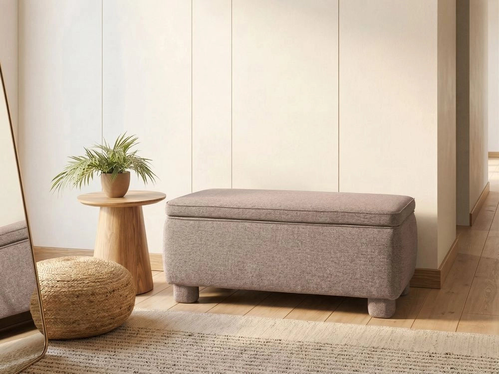 Panca contenitore Tessuto tortora Imbottitura facile da pulire Gambe in legno Piano sollevabile Ingresso moderno