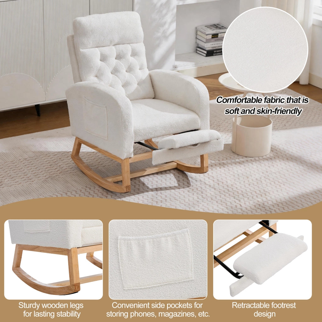 Sedia a dondolo in bouclé con poggiapiedi estraibile e tasche laterali in legno bianco 65,6 × 123 × 102 cm