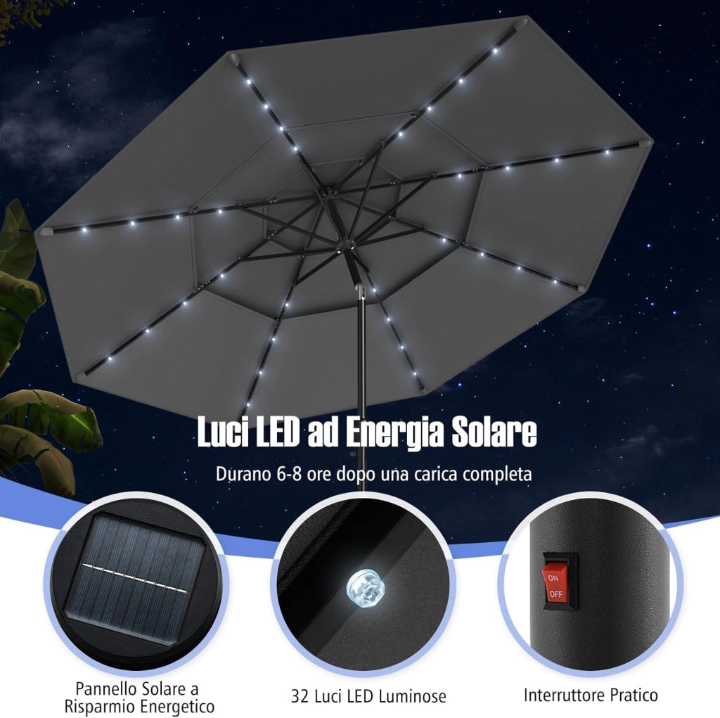Ombrellone da Patio 297 cm con 32 Luci LED, Tetto Ventilato a 3 Piani, Inclinazioni Regolabili, Manovella, 8 Stecche, Ombrellone da Giardino, Piscina, Spiaggia (Grigio)