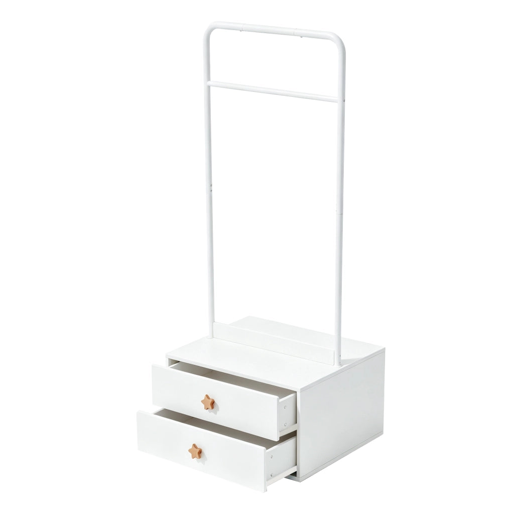 Scaffale con asta appendiabiti e due cassetti, struttura stabile per camera dei bambini, in MDF bianco 70 × 55 × 168 cm