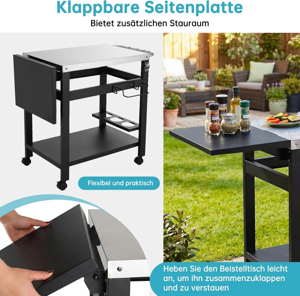 Carrello Barbecue per Esterni,Carrello da Pranzo Multifunzionale con Tavolo Laterale Pieghevole,Tavolo per Grigliare con Piano in Acciaio Inox,4 Ruote,Ganci e Portabottiglie,116x48.5x80.5 cm