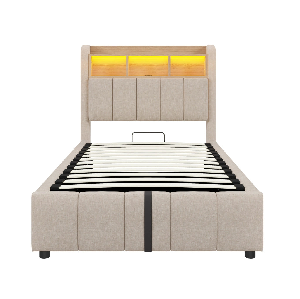 Letto imbottito 90x200 cm in tessuto effetto lino beige con LED; USB-C e contenitore idraulico