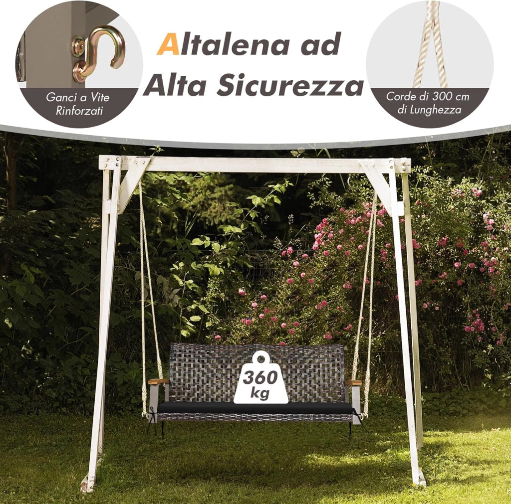Dondolo Sospeso per Esterno a 2 Posti, Altalena da Giardino con Cuscino, Sedia Sospesada Gairdino con Braccioli, per Portico, Capacità di carico di 360 kg (Nero)