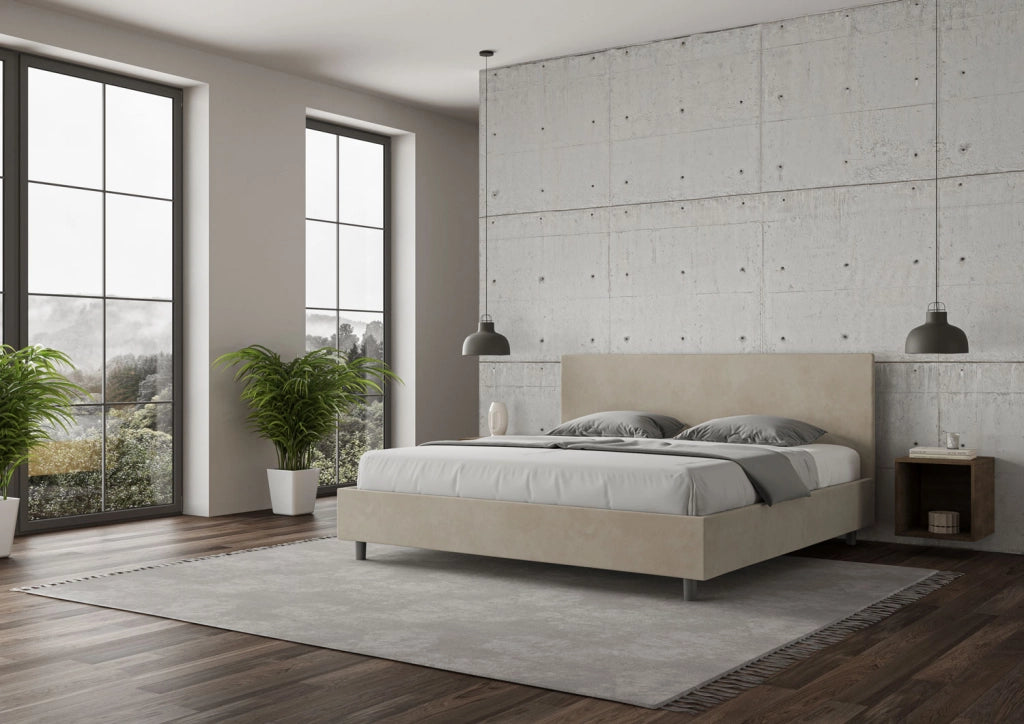 BS COM Letto matrimoniale king size contenitore imbottito 190x190 microfibra sabbia