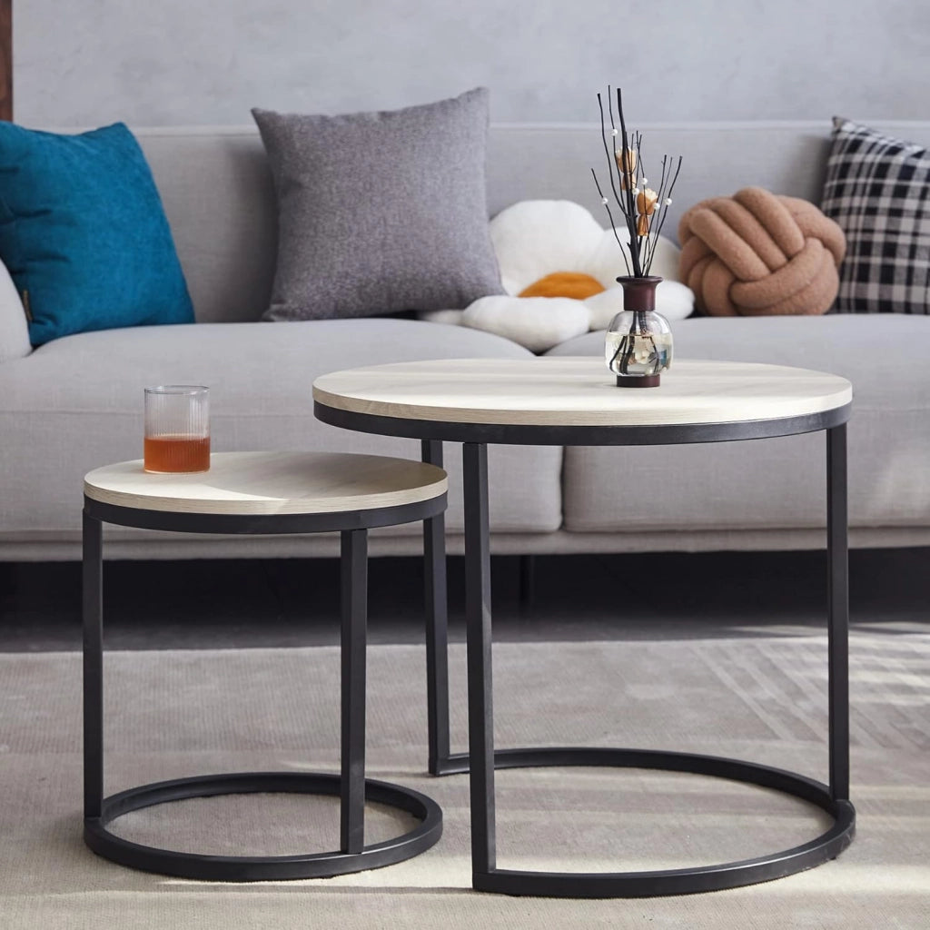 GrandCA HOME Set di 2 Tavolini Impilabili Tavolini Sovrapponibili con Gambe in Metallo, Tavolini da Caffè per Soggiorno,Bianco