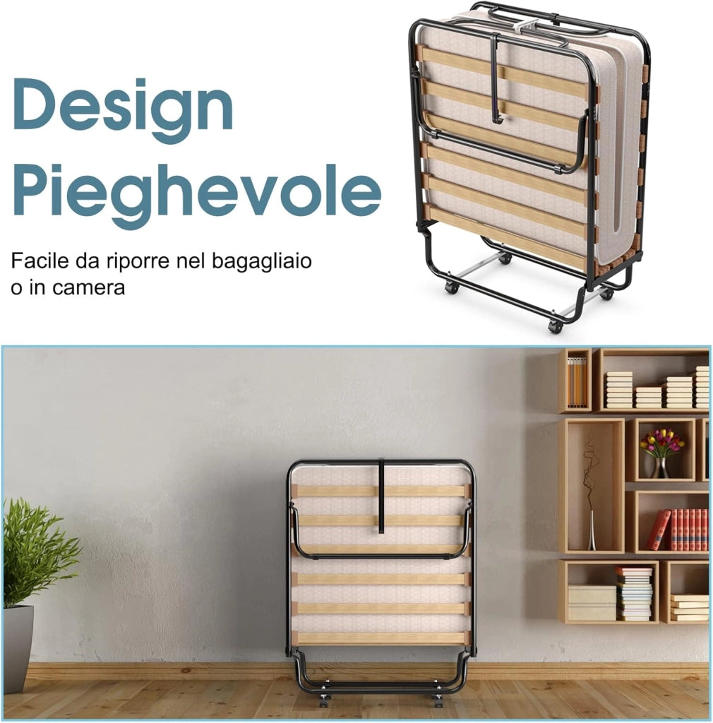 Brandina Pieghevole con Materasso, Made in Italy, 190x80cm, in Memory Foam, Lettino Pieghevole con Ruote Girevoli, per Casa Ufficio