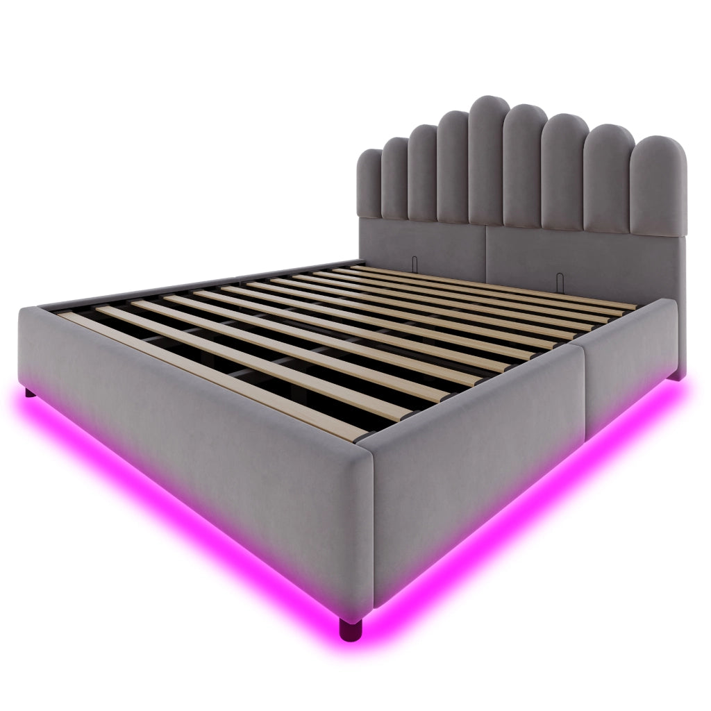 DESMIU Letto contenitore 180 × 200 cm 2 posti con LED, vano idraulico, senza materasso, in velluto, grigio