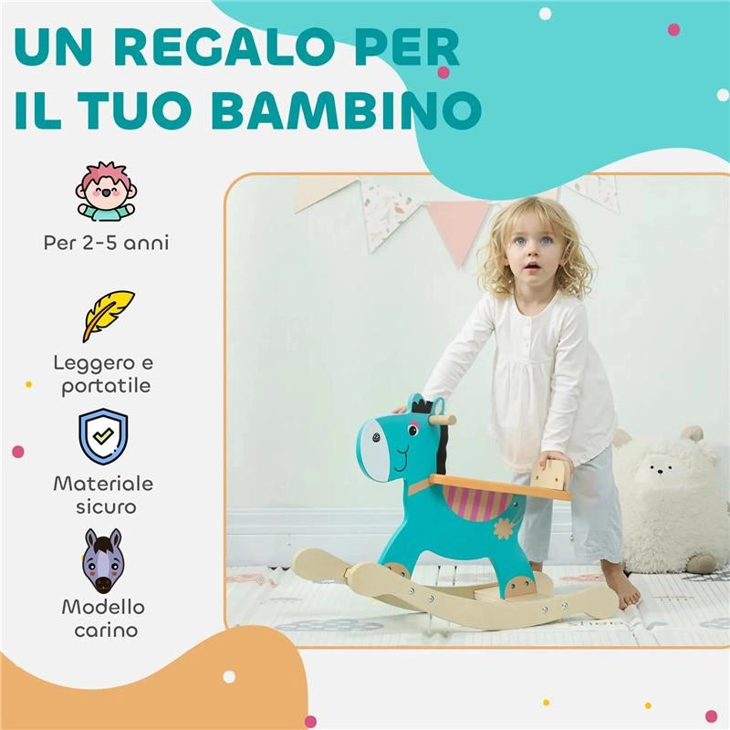 CAVALLO A DONDOLO A FORMA DI ASINO PER BAMBINI CON BASE LARGA, IN LEGNO, 59X27X43 CM, VERDE SCURO E ARANCIONE