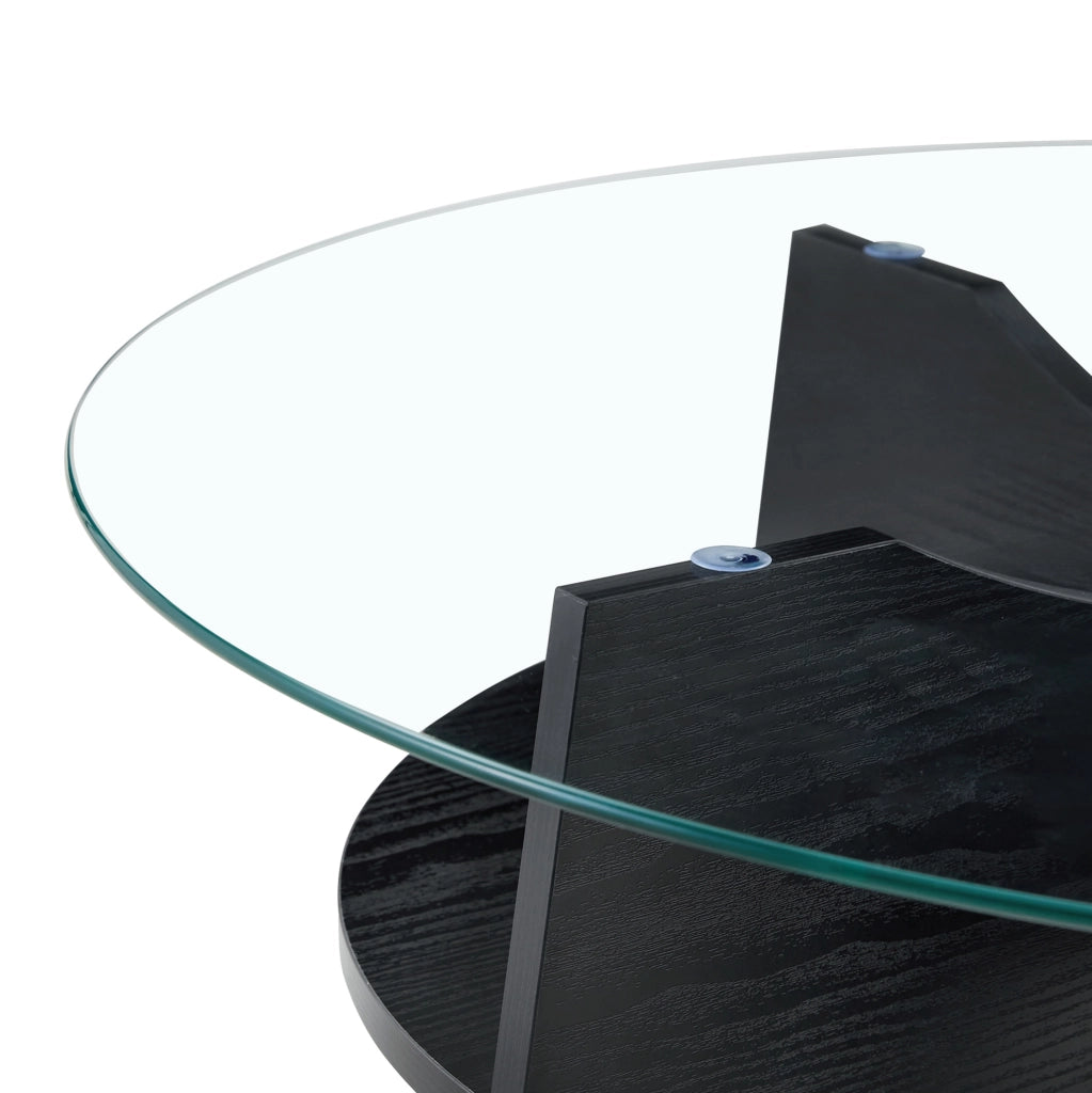 Tavolino rotondo ? 80 cm con struttura a ventaglio; vetro temperato; nero e trasparente