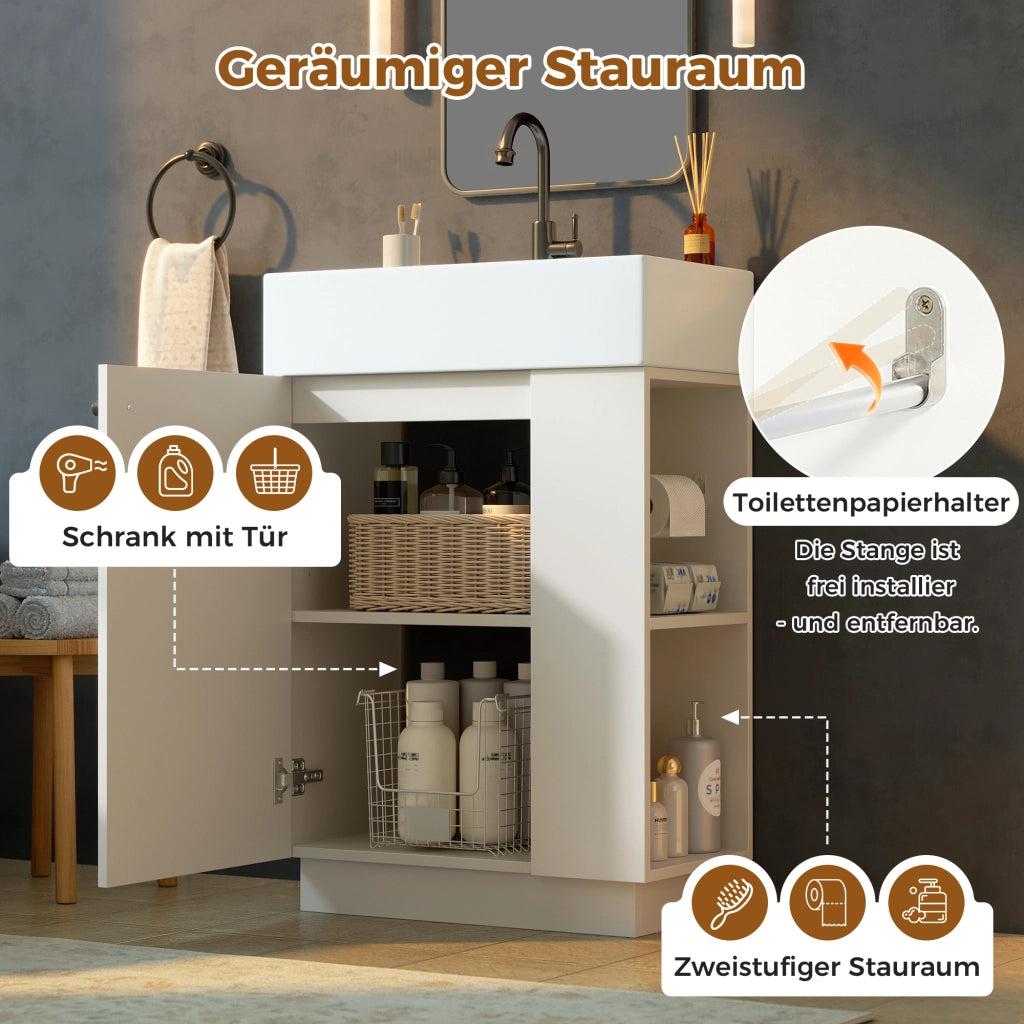 Mobile sottolavabo da bagno con lavabo in ceramica, anta soft-close e ripiani aperti, bianco, 55 × 32 × 87 cm